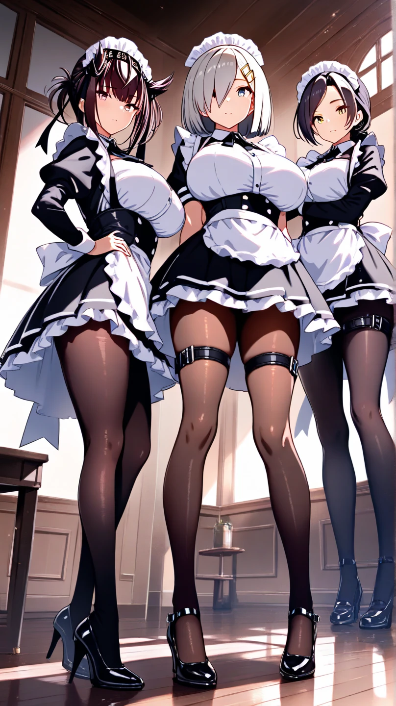 (((masterpiece, highest quality, High resolution, 超High resolution, Perfect Pixel, Depth of written boundary, 4K, RTTX 10.0, High resolution))), (Four adult women:1.3), Beautiful Anime Woman, Beautiful art style, Anime characters, ((Long Hair, bangs, Dark brown hair, Various hairstyles, ponytail, Twin tails)), ((Beautiful eyelashes)), ((Detailed face, blushする:1.2)), All four have different faces, ((Smooth texture, Realistic texture, Anime CG Style)), Perfect body, (Slender body:1.2), Beautiful and big breasts, Exact finger count、Exact number of legs、Exact number of arms, (blush:1), (Four women are walking down the stairs, side by side, lifting their skirts.:1.4), (Maid Headband, (Matching white and black frilly maid outfits:1.2), Ribbon at collar, (garter belt, Black knee socks:1.4), High heels, mini skirt:1.4), Realistic, highest quality, High resolution, 非常にDetailed face, Perfect lighting, Extremely detailed CG, (Perfect hands, Perfect Anatomy), Embarrassed expression, (Staircase in a luxurious mansion:1.5), Morning sun-like lighting, whole body, ((Stylish and sexy shiny satin panties, Stylish lace side-tie panties, A pair of white panties with a simple plain white center and black lace on the sides, White panties with different designs for each person:1.2)), Angle from the front、(Beautiful and thin thighs:1.2), All about the same height, Feeling embarrassed