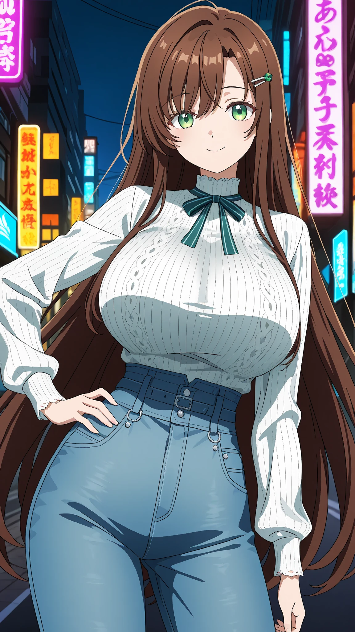 cowboy shot, minami kotori, (latex pants), stylish short shirt, closed mouth, (curvy body), in street,solo focus 
