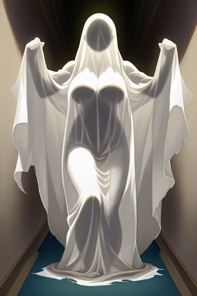 A adult female milf standing on the ground, large long shaped tits, drenched, silly personalty, cute happy demeanor, sunny disposition, deredere, faceless, ghost_costume,
