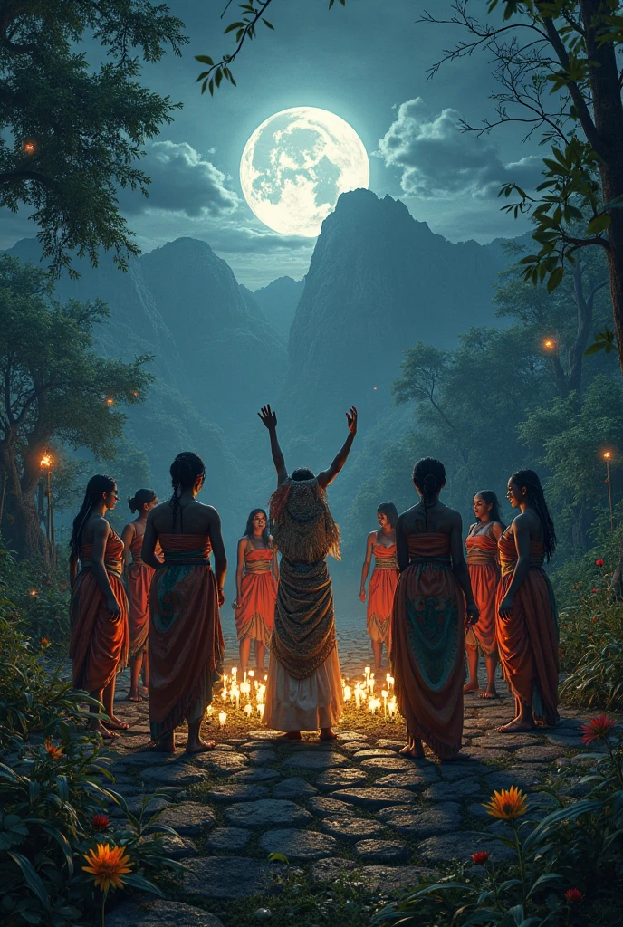 scenario with many indigenous people on Mars , and several villages made of hollow , e várivers indígenas dançando em círculos e muitas músicas, rivers, auspicious clouds, moon light, Trees,animals , camp fire , Indians dressed in straw clothes and painted faces , ultra HD, high qualiy, extremely detaild, offcial art, super detaill, 32k - v.6