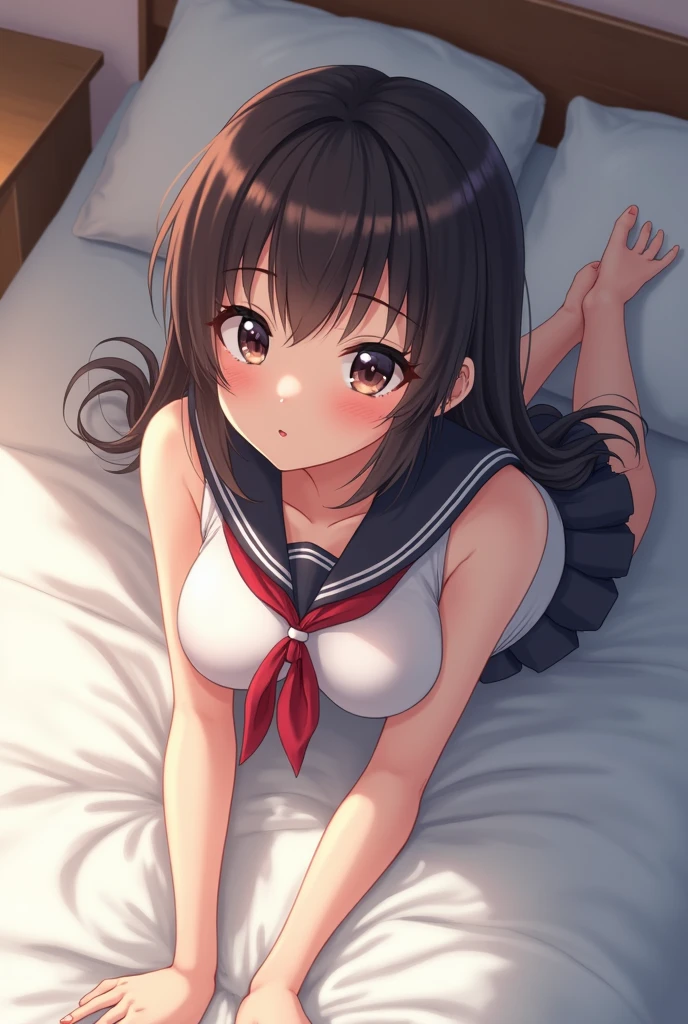 A woman is pushed down on the bed and looks embarrassed, on her back, wearing a sailor suit, breasts visible, skirt pulled up for sex, panties visible, missionary position, erotic face,POV, mouth wide open and screaming, face Blushing, pleasure face.