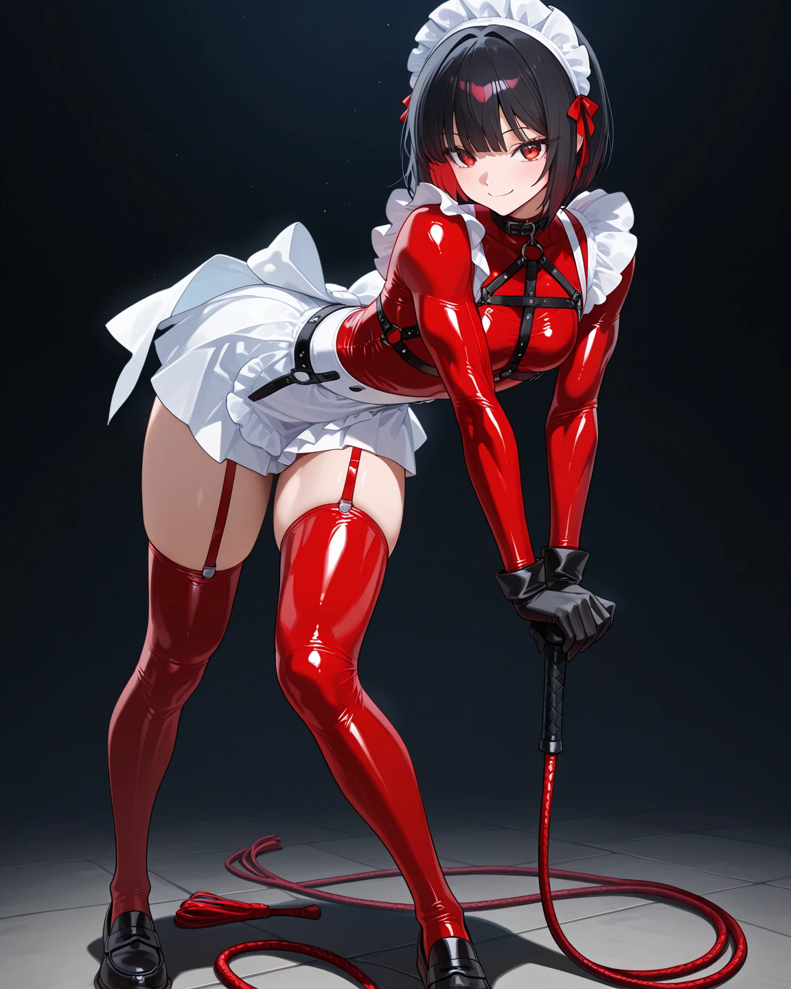 (masterpiece,best quality, detailed), 1girl, solo, (sitting, chair, indoors, open legs, arms behind head, large breasts, parted lips, full body, looking at viewer, in front of the window), mizuki yukikaze, seductive stare, smirk, blush, window, curtain, hair ribbon, elbow gloves, fingerless gloves, frilled leotard, fur trim, black leotard, thigh boots, taimanin suit, one-piece tan,