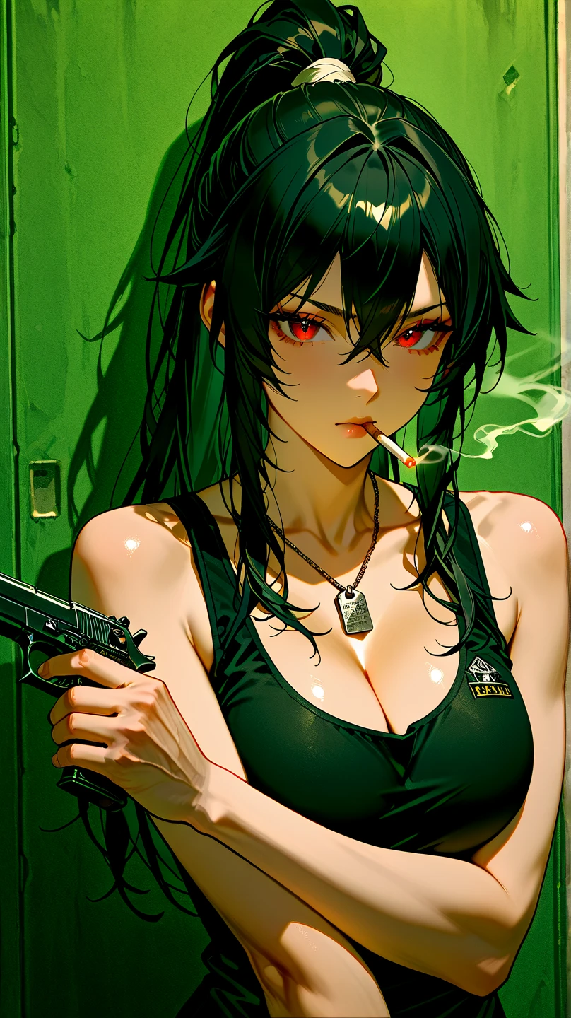 Gothic girl, smoking, full of scars, pink and green hair, wearing a striped blue bra and a ripped mini skirt without panties. The girl is holding a knife  and she has a naughty face