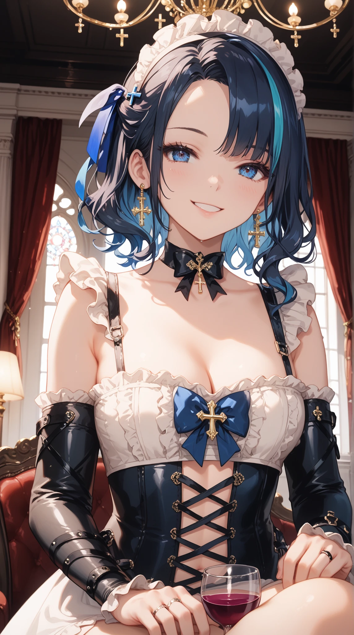 1girl, absurdres, black bow, black gloves, black legwear, blue eyes, blue hair, bow, clarkbone, dress, drill hair, frilled dress, frils, gloves, gwen\(league of legends), hair accessories, highres, League legendary, long hair, cracked lips, puff sleeves, pink pupils, smile, solo, white dress, x, x hair accessories, mid-chest, indoor, semi-nude