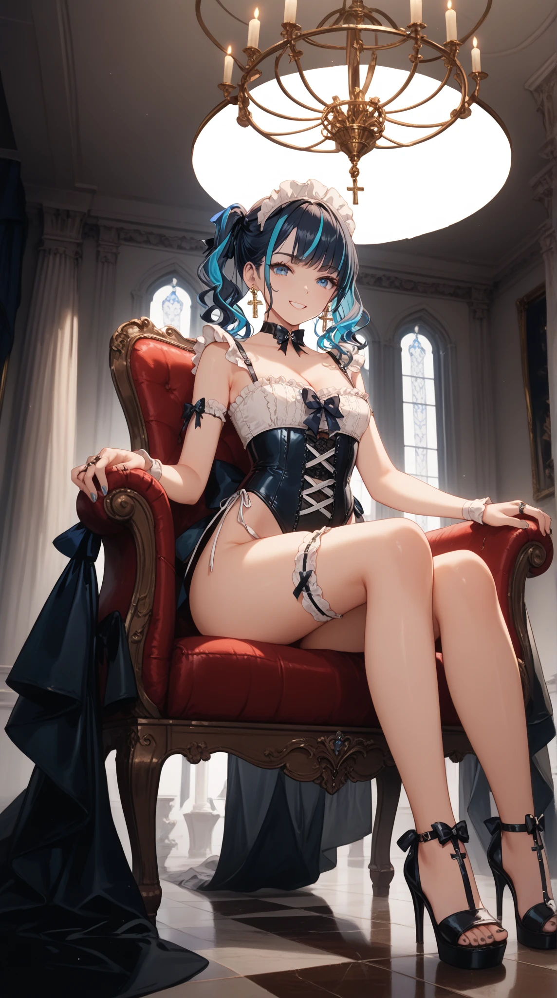 view from below, Throne room, (Throne), (Rem from Rezero) sitting at the throne, realistic anatomy, parallel legs, two realistic legs, cleavage, showing ass, short haircut, blue hair, Crystal texture lingerie with bright light effect, Diamond crown, Translucent High reels, beautiful Celestial, Masterpiece, Detailed, Sitting looking at the viewer. light focus on the body, reflection, white lens flare