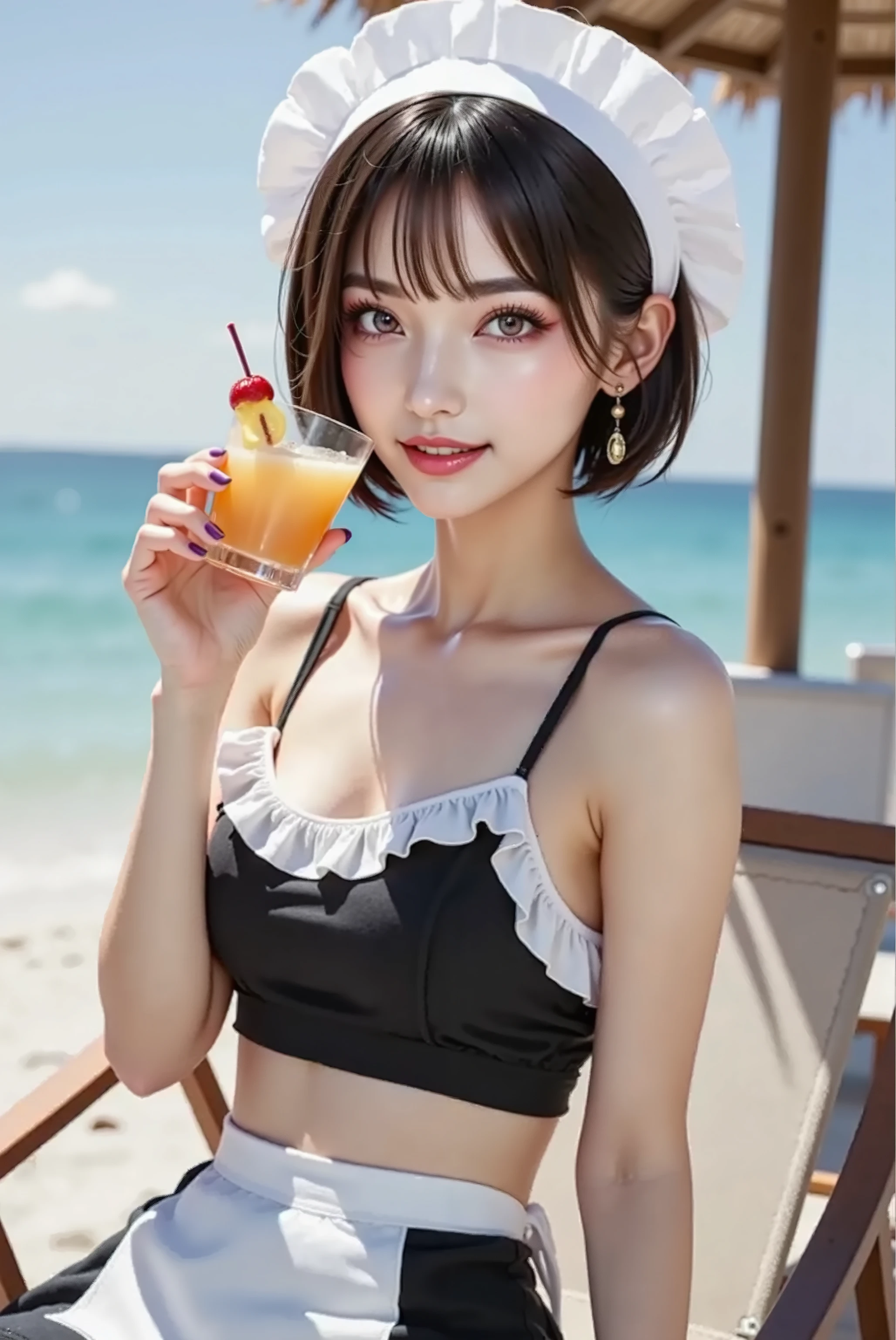 ((frame up to the knee)),Seaside , Clear skies , Gestures to block sunlight with hands ,short black camisole with white ruffles and gold buttons , black flared mini skirt with small white apron, ((stomach visible)),((White Prim)),age 27 , short hair, Slit eyes , Slanted Eyes, Foxy face ,Dazzling Smile , A tropical drink close to the face, sit on a beach chair