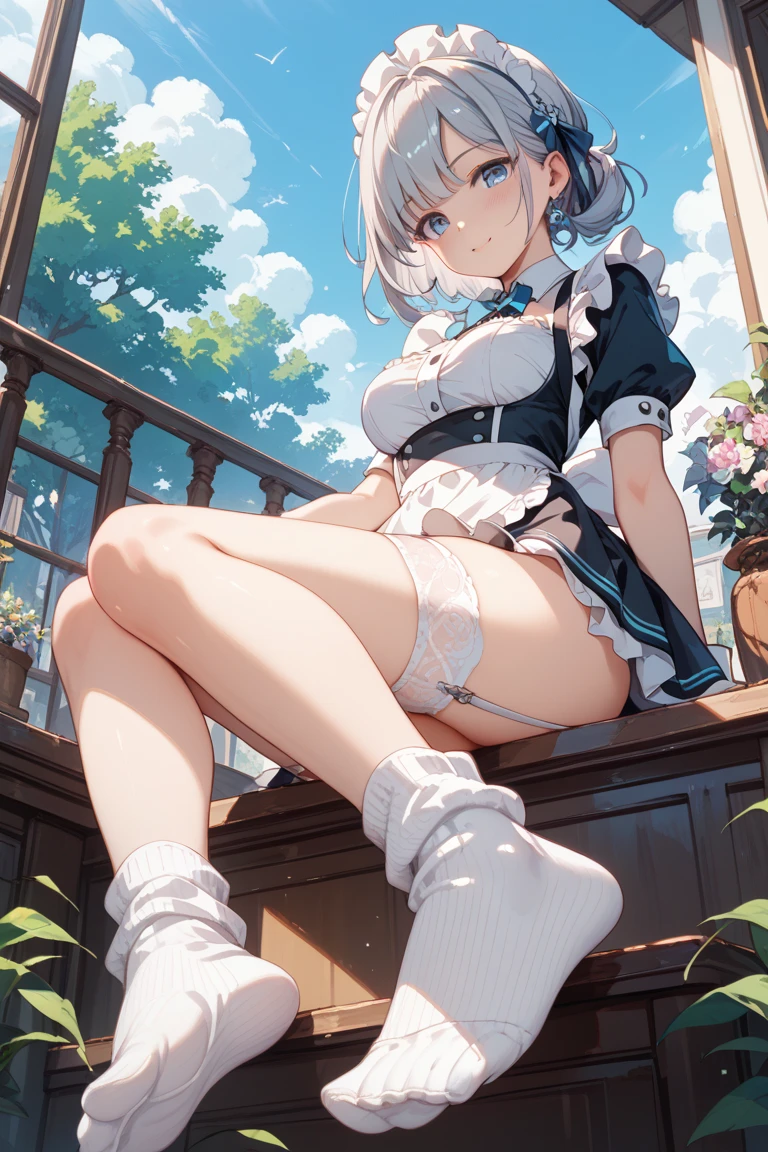 masterpiece, highest quality, High resolution,  short hair， Short skirt、Drooping eyes，Outdoor，barefoot，Looking up，Embarrassed face，Angle from below、Big Breasts，Spread your legs、Cat Cosplay、White lace underwear、See-through、White Hair、White tights、Peace sign next to face、