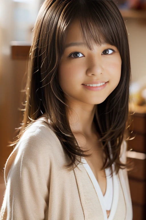 (8k, RAW photo, best quality, masterpiece: 1.2), (realistic: 1.6), (masterpiece), (best quality: 1.0), (highest quality: 1.0), (ultra hi-res: 1.0), detail, 40s, one, detail beautiful skin, detail room, ,realistic skin, middle breast, best quality, ultra high definition, cute, long hair, smile, , white shirt, , sitting on bed,