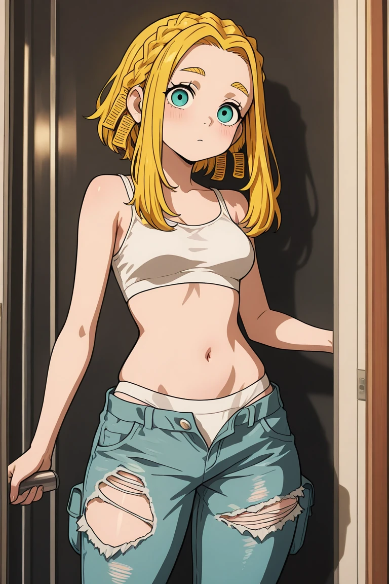 ((best quality)), ((masterpiece)), (detailed), perfect face, brown skin anime girl in a deep V-neck tied top (bare shoulders), (jean shorts), pressing her belly with her hands, starving, (hands on her stomach), (flat stomach)
