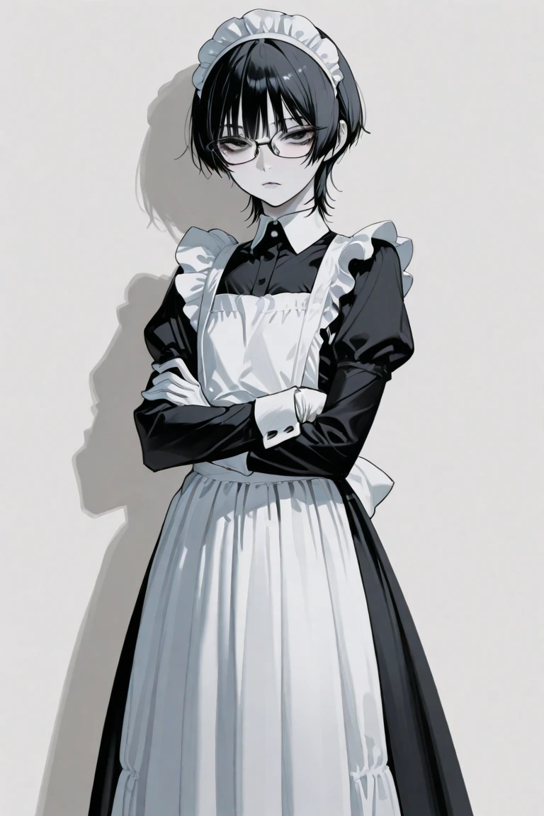 uncensored、best image quality、best image quality、high resolution、32k、anatomically correct depiction、anatomically perfect depiction、Perfect Shading、gray eyes、dark haired、Dull hair、Morbidly white skin、flat chest、small tits、Dairy-free、Slender Body、Delicate Body、petite figure、Girl、short cut hair、wolf cut、Eyes Without Highlights、hanging eyes、thick black eyeliner above and below the eyes、 looks exhausted 、Looks unhealthy、long skirt maid clothes、long sleeve、 Maid Apron 、maid headdress、white gloves、glasses、raise your hair、standing with arms crossed
