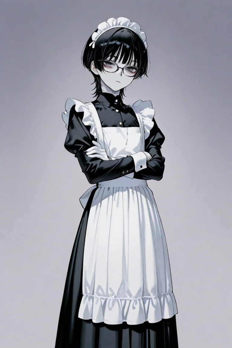 uncensored、best image quality、best image quality、high resolution、32k、anatomically correct depiction、anatomically perfect depiction、Perfect Shading、gray eyes、dark haired、Dull hair、Morbidly white skin、flat chest、small tits、Dairy-free、Slender Body、Delicate Body、petite figure、Girl、short cut hair、wolf cut、Eyes Without Highlights、hanging eyes、thick black eyeliner above and below the eyes、 looks exhausted 、Looks unhealthy、long skirt maid clothes、long sleeve、 Maid Apron 、maid headdress、white gloves、glasses、raise your hair、standing with arms crossed