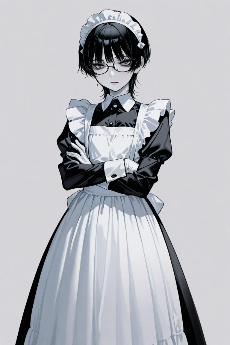 uncensored、best image quality、best image quality、high resolution、32k、anatomically correct depiction、anatomically perfect depiction、Perfect Shading、gray eyes、dark haired、Dull hair、Morbidly white skin、flat chest、small tits、Dairy-free、Slender Body、Delicate Body、petite figure、Girl、short cut hair、wolf cut、Eyes Without Highlights、hanging eyes、thick black eyeliner above and below the eyes、 looks exhausted 、Looks unhealthy、long skirt maid clothes、long sleeve、 Maid Apron 、maid headdress、white gloves、glasses、raise your hair、standing with arms crossed