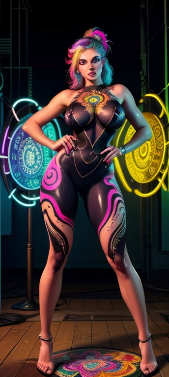 A beautiful wild woman with a sexy rough look, green hair, bright blue eyes, (full body:1.5), (acid design:1.6), hyperrealistic, 8k, vibrant colors, sharp crisp image