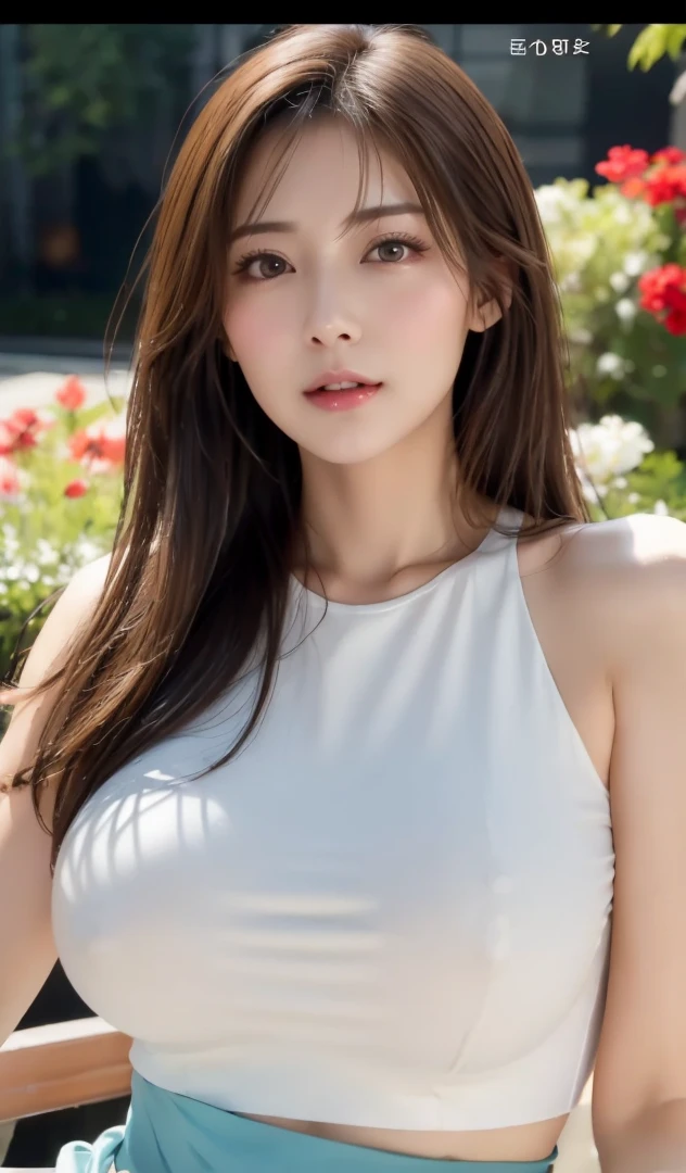 best quality, 30-year-old female, Huge breasts, Brown long hair, blue eyes, tight white dress, Sunset, Upper Body, Sexy, Angelic, Thin fabric, see through, Divine Light, Fluffy clouds, Colorful flower fields,