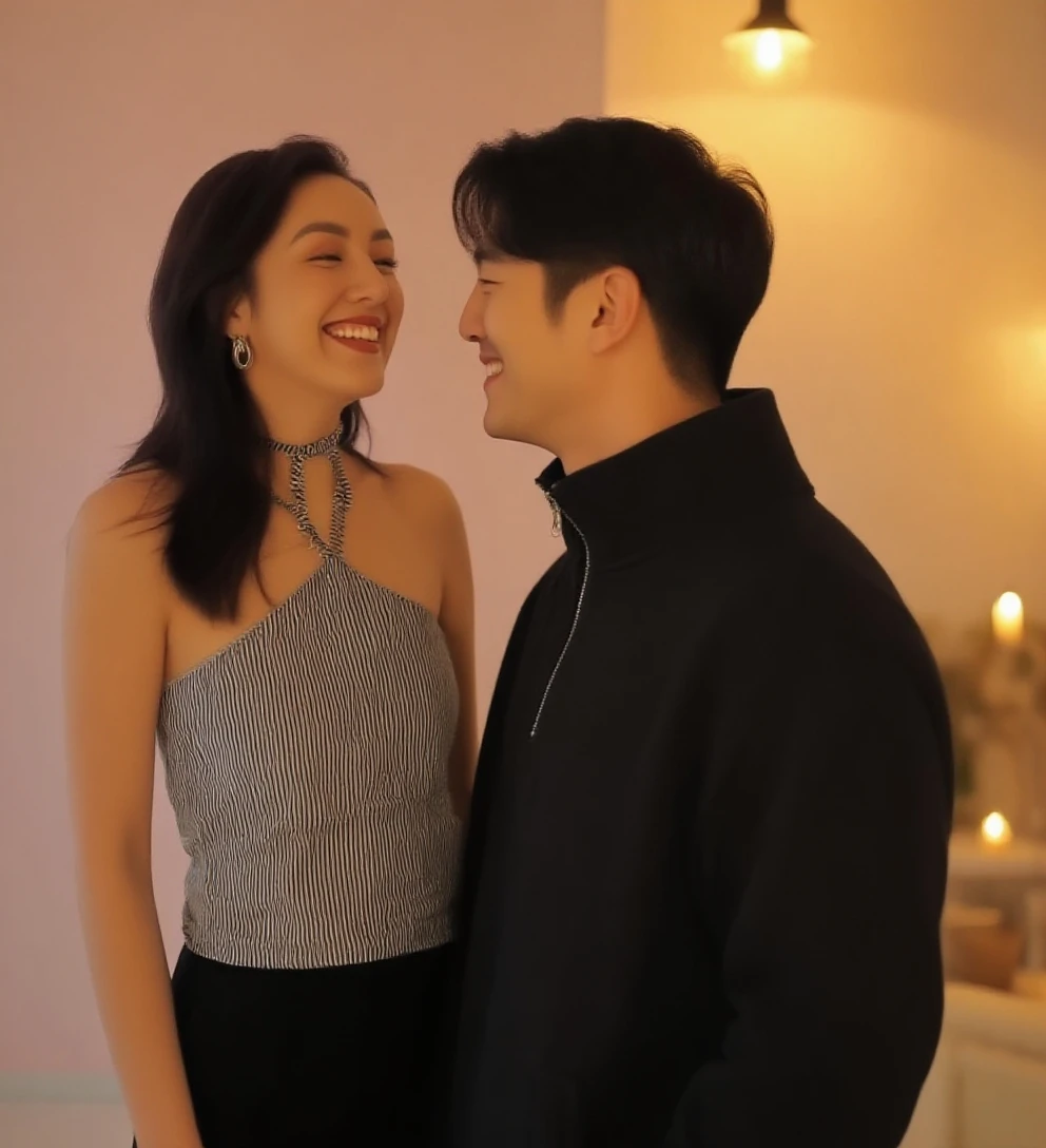 A Chinese man and a young Korean woman, age difference, age difference, giant size, ((40 year old man, kkissg has a beard, muscular body, smiling face, body full of hair, hug standing, touching the girl&#39;s chest)), ((18 years old sexy young girl, small size and skinny, long black hairstyle, face red because of embarrassment, tư thế tình dục, kiss)), 40 year old man, A young girl, sea, wooden hut, Detailed face, thực tế, ngực, nude, tình dục, áo ba lỗ xuyên thấu, large chest groove, small areola