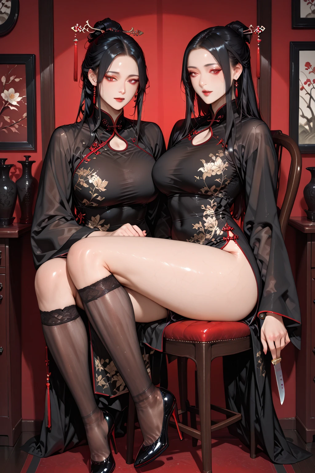 two beauties touching each other, (Transparent shirt: 1.2), (Open shirt), Light clothes, Sleeveless, Two women posing for a photo on bed, Surreal full-body figure, Beautiful and detailed body and face, gorgeous figure, pony tails, Clear, Smile, Moaning, Tease, Surreal full body body, Beautiful and detailed body and face, Extra-long viewing angle, Fair skin, Bright colors, Asian, Blurry, Chinese clothing underwear