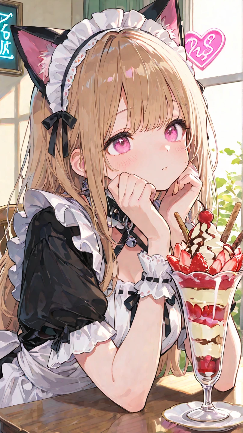 Cute,748cmstyle,,(masterpiece:1.2, top quality), (beautiful detailed eyes: 1.2), ((1 Beautiful Girl)), (beautiful background:1.2), (Highly Detailed CG, Super Detailed),(very detailed and beautiful:1.1), (perfect detail:1.1), I have a cat ear barmaid、ふわふわのcat ear headbandとpogroveを身につけ、可愛らしいtea cupで紅茶を注いでいる。背景には柔らかなindirect lightingと「cat bar」のNeon Signが光り、A decorated parfait is placed on my desk。温かくcharmingな雰囲気。
cat ear headband、pogrove、Maid Outfit、tea cup、indirect lighting、Neon Sign、parfait
Cute、 warm、charming