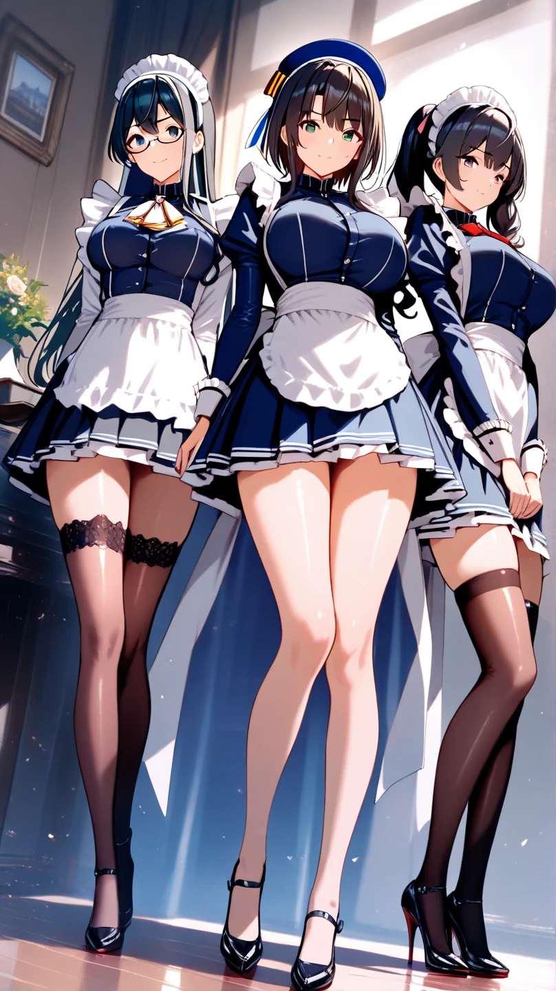 (((focus panties))), (I look up at the five girls from the ground.)、(Five girls are standing in a circle around me, looking down at me.)、circle、(seductive grin), (((5 giant girls)))、((angle from below)), 5 young face, (thighs), 5panties, (angle from under 5 girls),baby face,mesugaki,maid clothes, 