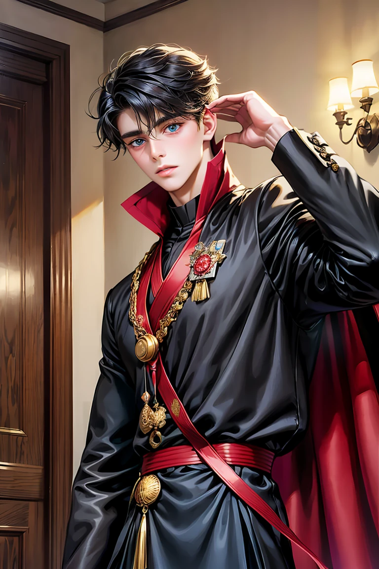   masterpiece, 最    high definition photo cropped from the side  ,     high definition photo cropped from the side  , 1.   ,   solo,  For men  ,    upper body,    Beautiful Eyes Staring at the Audience   , disheveled black hair   , Adorable big blue eyes, white, Noble, Noble,   and voluminous    、 very tall big
Very voluminous with stand-up collar, big, very big, very big, length, length red and black cape with a high stand-up collar,   we're focusing on black cloaks 。 and、made with just enough fabric to reach the floor。 、  tuxedo、  cute beautiful,  cute,   cute, kind、Thin cheeks 、Beautiful man with big eyes 
