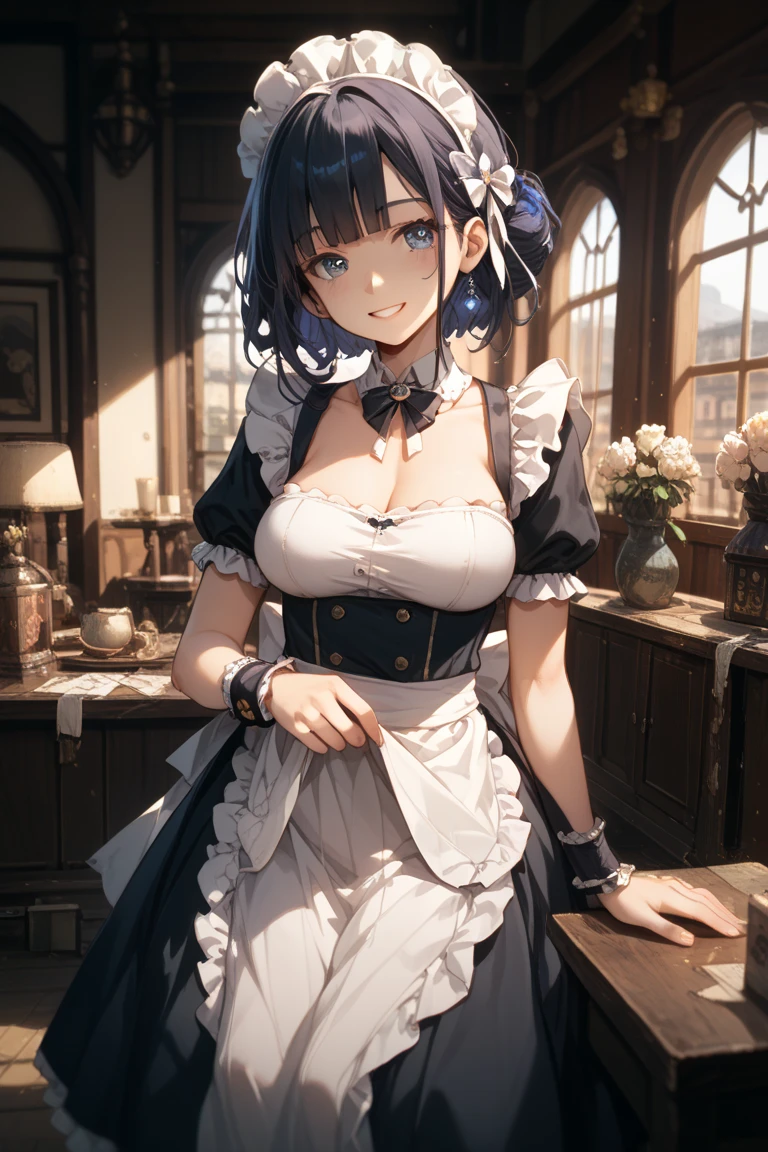 score_9, score_8_up, score_7_up, masterpiece, best quality, 1girl, dark purple hair, brown eyes, ponytail, large breasts, classical maid uniform, headdress, smile, luxury room, vintage mansion,