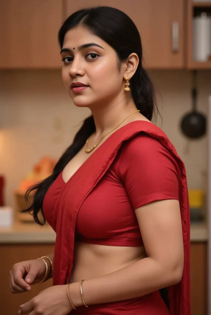 extreme close up photo of sexy vedhika, front view, curvy, red saree,big , in kitchen, French braid hair