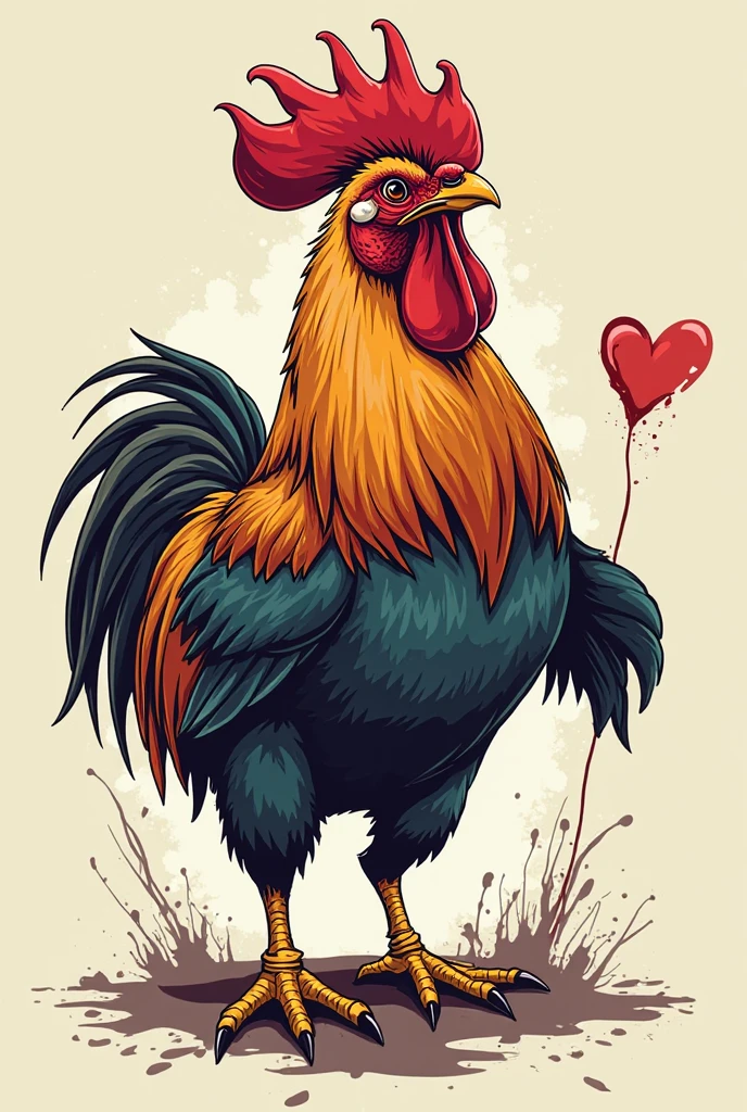 vectorial art, vectorized lines, 8k, heart shape with flowers and red fruits, colorful illustration of the barcelos rooster in the center, Paint splashes and stains, vectorised, 8k, lifelike details, professional design, 