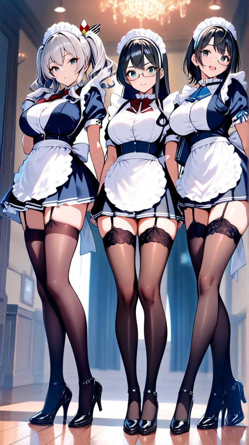 3girls, multiple girls, highly detailed, glossy lips, illustration, masterpiece, blush, city street, cleavage, (maid), thigh highs, high heels, standing
