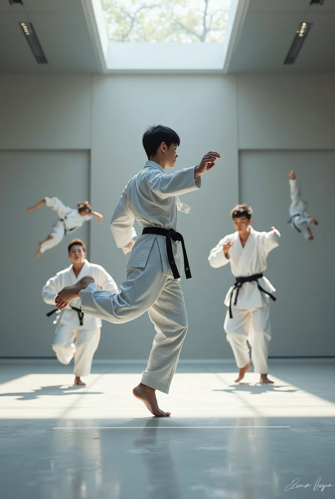 Several children, training martial arts , angry, realistic epic, photo, faded, complex things around, background room all white, windowless, soaked, neutral colors, (((((hdr)))), ((((soft colors)))), intricate scene, artistic station, intricate details, vignette,
