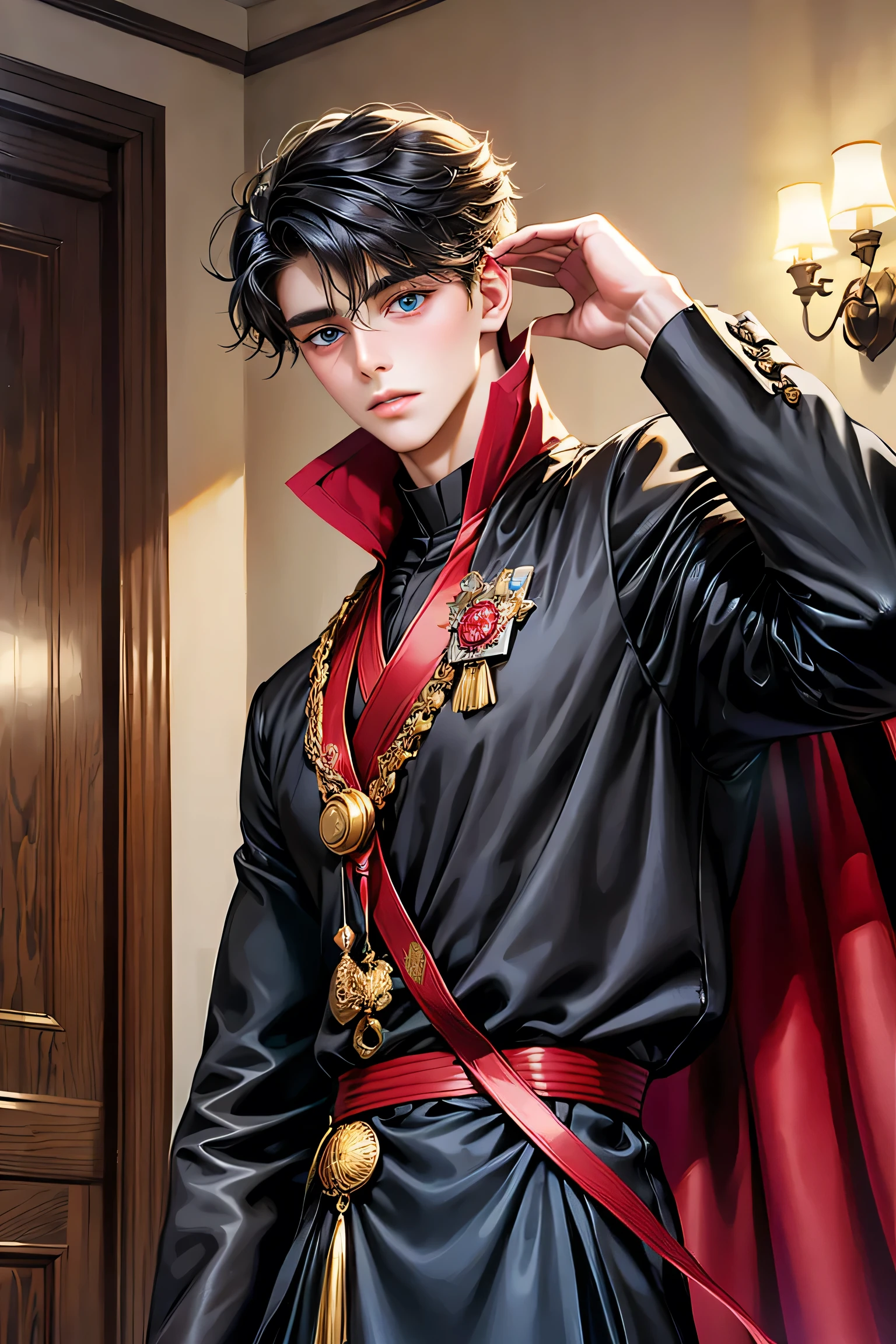 masterpiece, 最 high definition photo cropped from the side , high definition photo cropped from the side , 1. , solo, For men , upper body, Beautiful Eyes Staring at the Audience , disheveled black hair , Adorable big blue eyes, white, Noble, Noble, sexy and voluminous 、 very tall big
Very voluminous with stand-up collar, big, very big, very big, length, length red and black cape with a high stand-up collar, we're focusing on black cloaks 。 and、made with just enough fabric to reach the floor。 、 tuxedo、 cute beautiful, cute, cute, kind、Thin cheeks 、Beautiful man with big eyes
