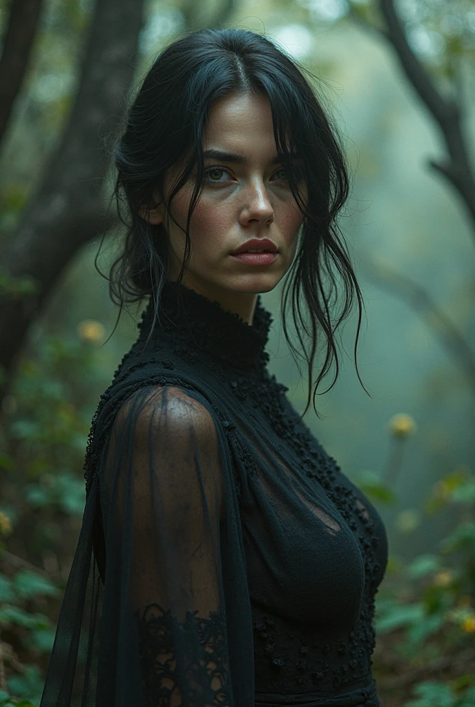 Girl staring off into distance at a park, dark shading, long hair,