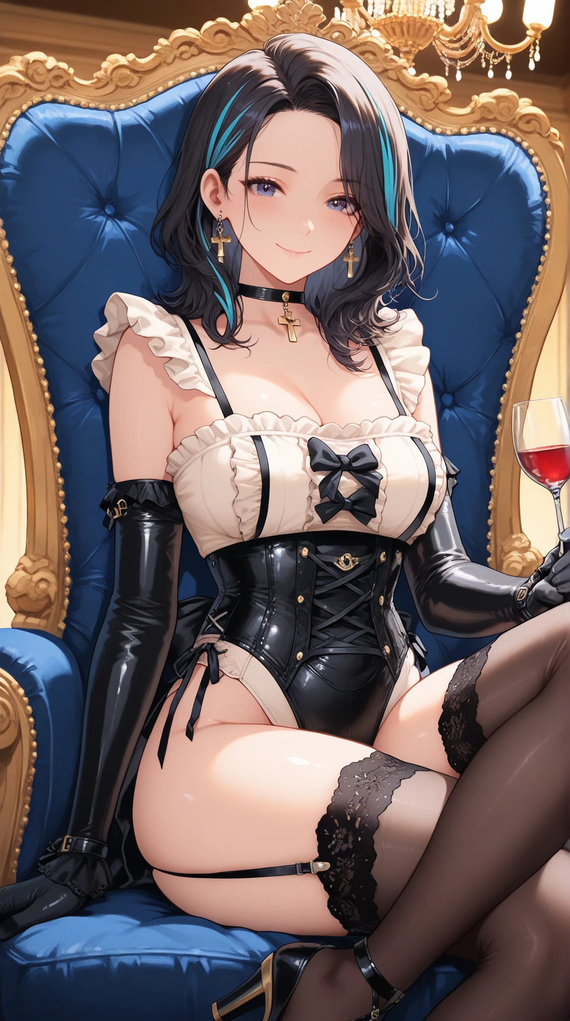 ((masterpiece, Highest quality, Very detailed)), anime CG,
NSFW,
One girl, 20 years old, full makeup, black hair, bob cut, swept bangs, BREAK ((black eyes)), droopy eyes, thick thighs, medium breasts, ((lots of pierced earrings, silver chain necklace, silver bracelet)), ((bare belly button, belly piercing)),
looking at viewer, BREAK looking at viewer, cowboy shot,
smile, ((open mouth)),
standing, random porn pose,
BREAK Black bunny ears, fake bunny ears, black fishnet stockings, bow tie, wrist cuffs, ((black cropped corset)), ((cleavage)), ((black high leg bottoms)),
BREAK Seductive bar interior, dim red lighting, luxurious decor, velvet upholstery, crystal chandeliers, polished wood bar counter, elegant glassware, Luxurious sofa, high-end furniture, velvet upholstery, ornate wooden frame, tufted cushions, gold accents, intimate atmosphere, high detail, wide-angle shot,