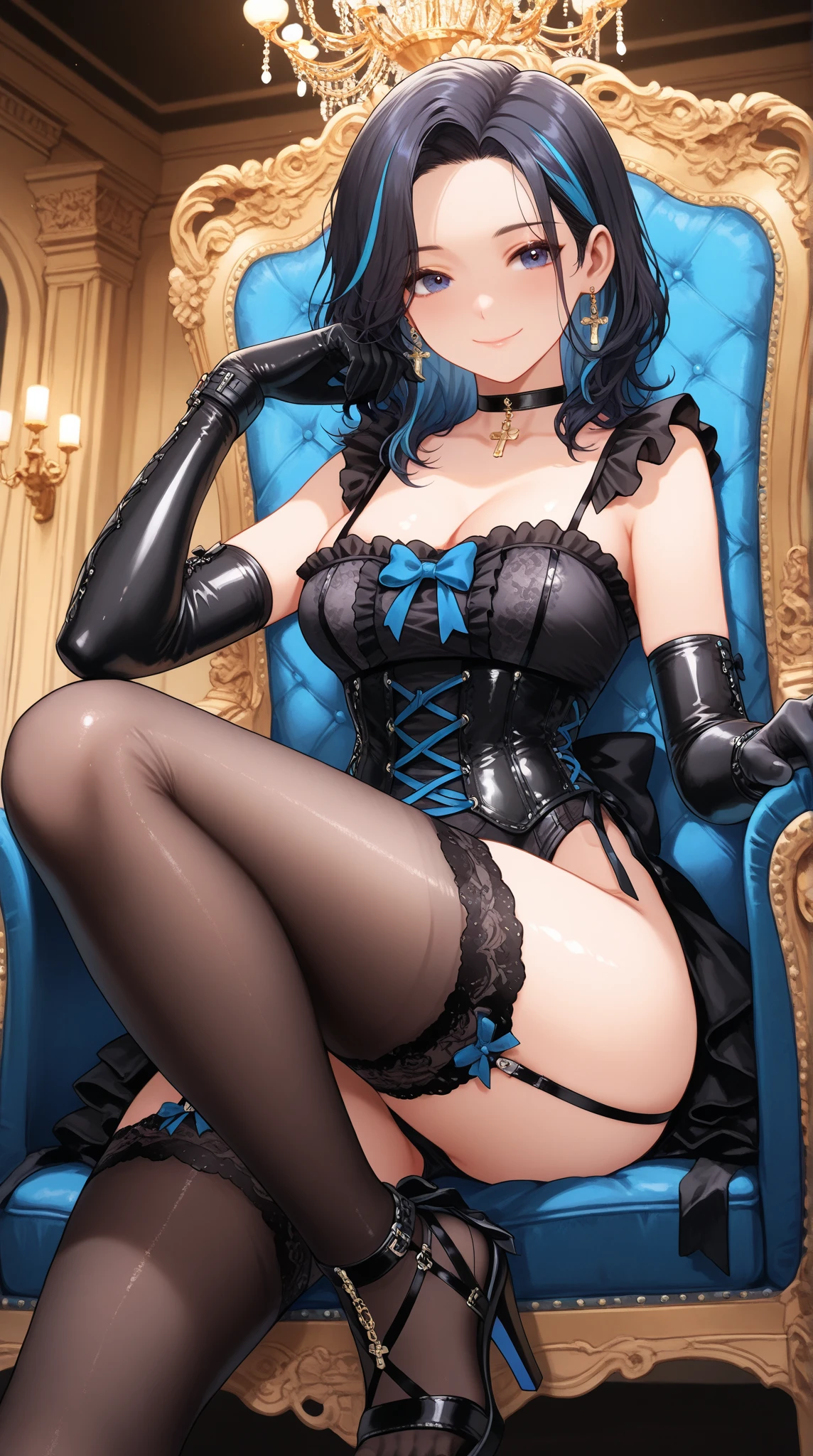 UHD,textured skin, high details, anatomically correct,SOLO,(1 Female,blue short hair),(wearing A blue loose bikini cheongsam)(Black Silk Stockings),(Spreading legs:1.7),(Kneeing on the bed:1.7)The hotel room,(hands behind her head:1.7),(At the midnight:1.4)