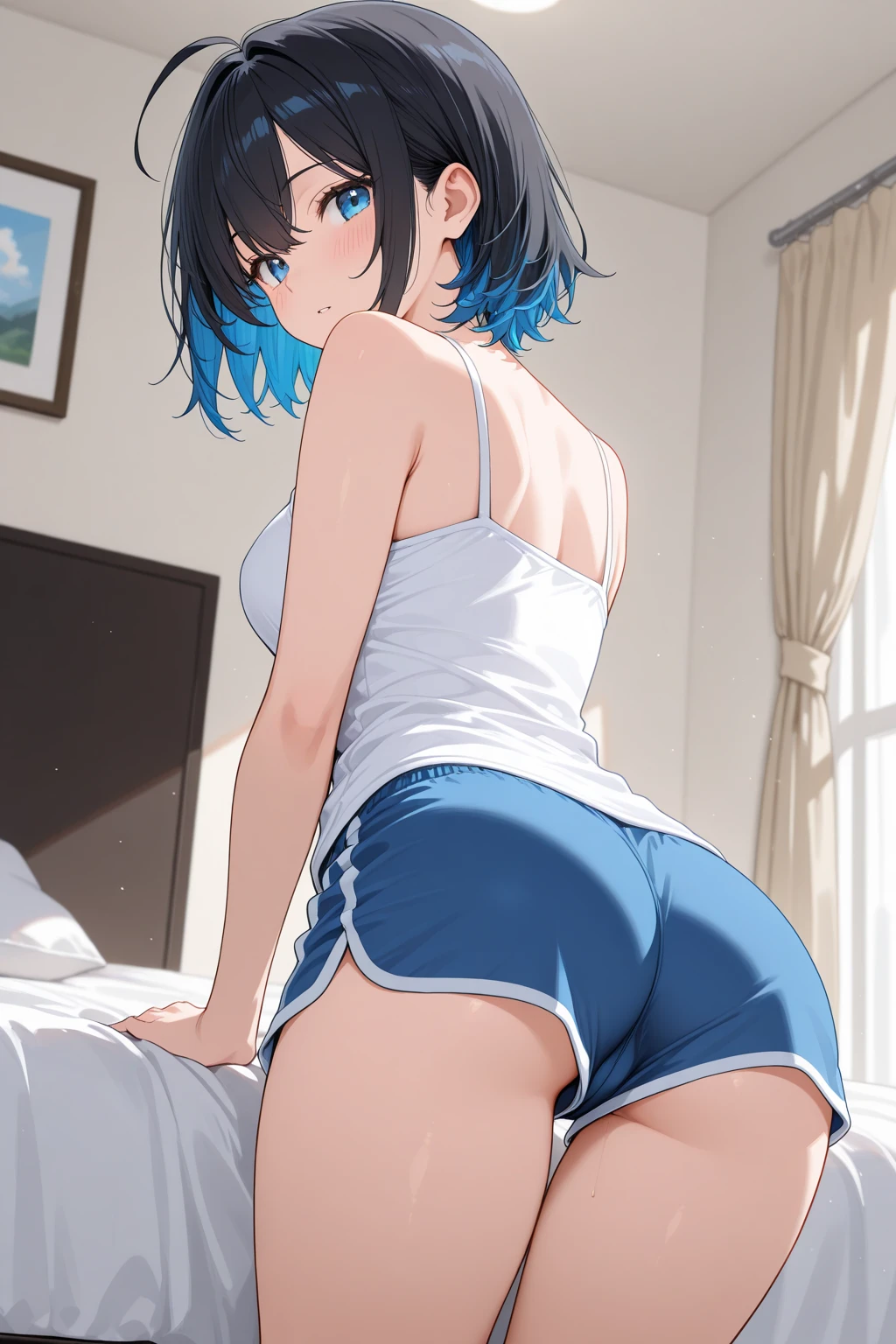 (woman in skinny tight light blue jeans), (long jeans), detailed face, (black apron), white t shirt, standing, bed room, from above, ((stick out ass)), hands on wall, slim, slender, 17 years old, short bob cut, black hair, nose blush, wet eyes, round mouth, open mouth, drool, hard sweat, (2D), (((sfw))), cameltoe, looking at viewer, small ass