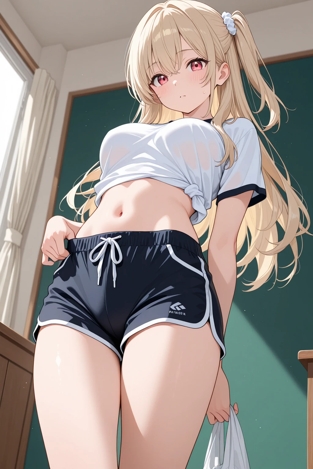 1girl,mutsukidef,(chibi:1.2),gray hair,long hair,side ponytail, (white gym shirt, short sleeve,gym uniform,dark blue buruma:1.3),erect nipples,wet,sweat,Hair Ornaments,halo,open mouth, embarrassed ,blush,(cameltoe:1.3),masterpiece,Noise Reduction,perfect anatomy,high resolution, ultra-detailed, ultra-detailed face,game cg,dutch angle ,beautiful detailed eyes,visualart,five fingers, perfect hands, perfect lighting, sparkling pupils,
