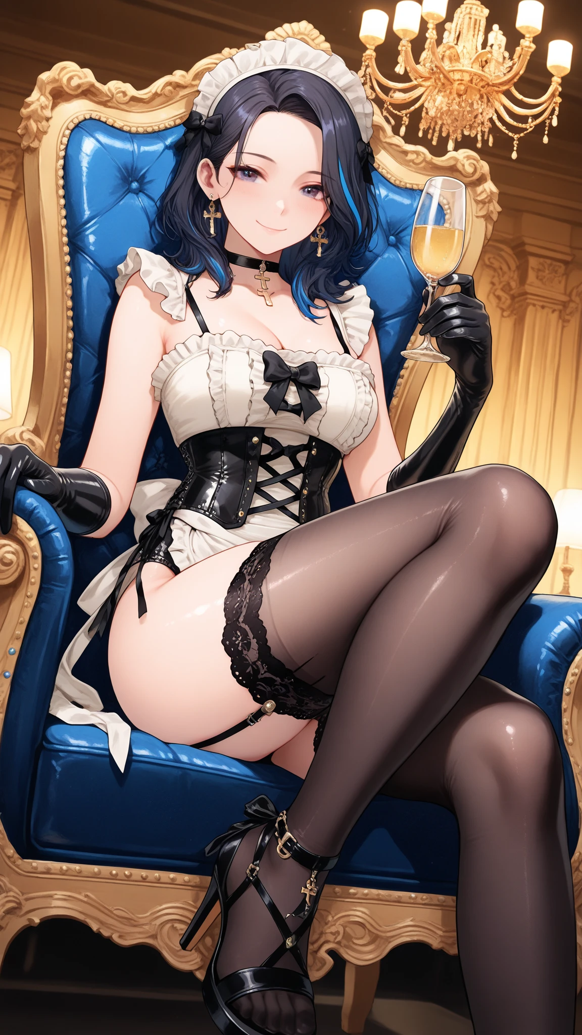Masterpiece, ultra detailed, 1 girl, solo, black hair, short hair, Ouro_Kronii, gorgeous girl, voluptuous cleavage, large breasts, almost naked, blue bra, black panties, black kneehigh socks, tempting, breasts pressed together, blush, light smile