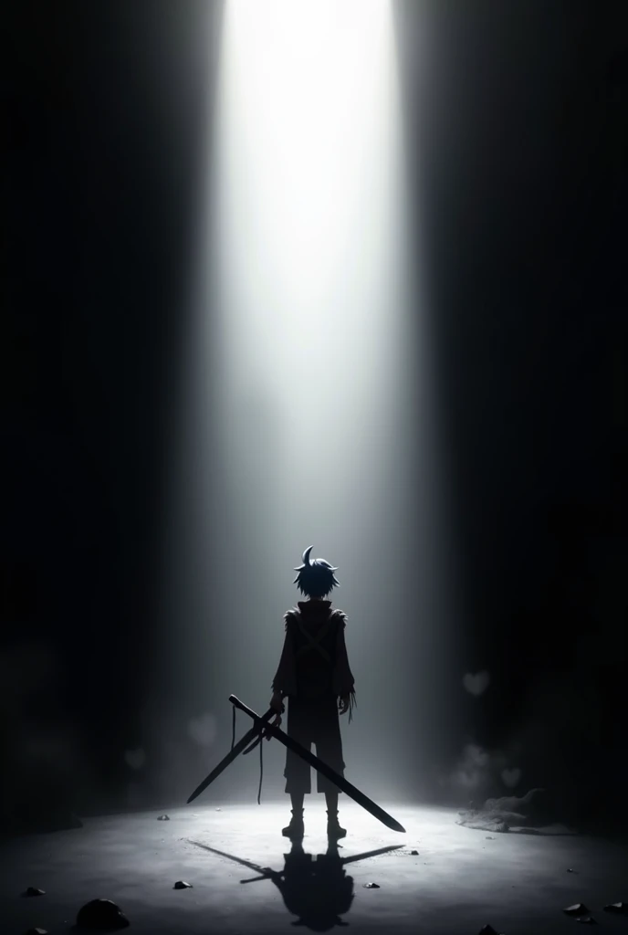 absurdres, 1girl, pink eyes, ((very large breasts)), hanging breasts, nipples, naked, completely nude, bending forward, very long hair, wide-eyed, looking at viewer, blue fire, outdoors, silhouette, horror theme, gradient sky, glowing eyes, concept art, backlighting, demon horns, particles, posing, solo