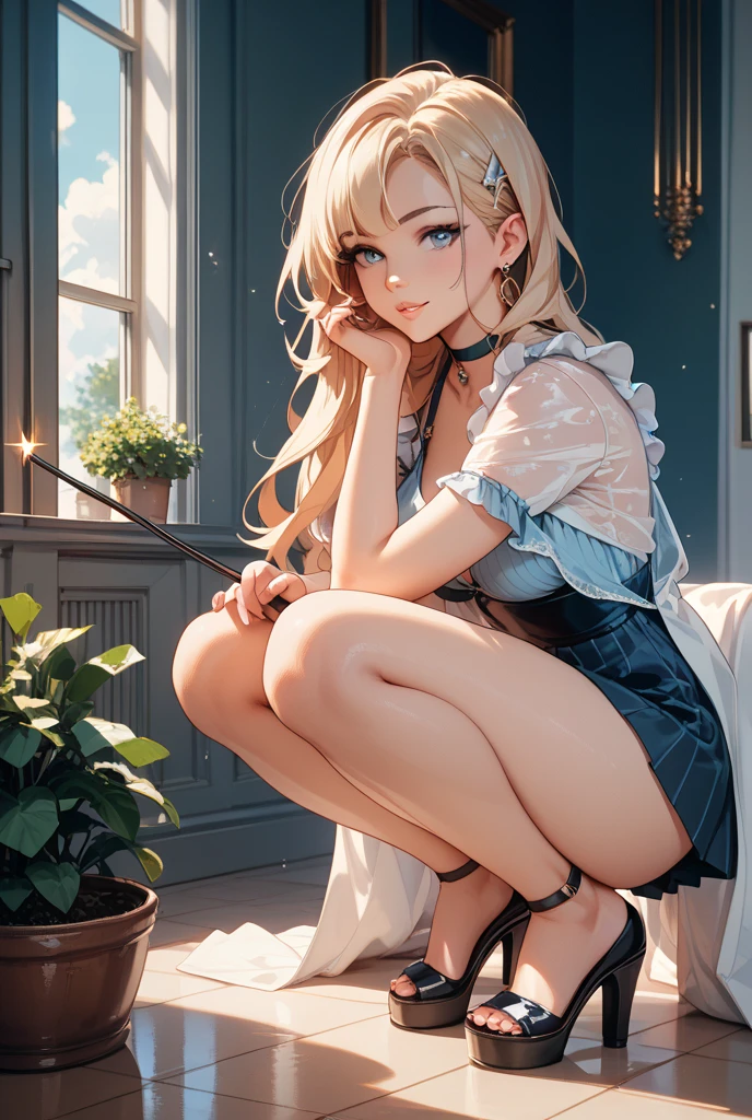 ((((Highest quality, High resolution)))), Extremely detailed 8K, Beautiful girl with slim body, (Ultra HD, Very detailed, Very detailed, Very realistic, Ultra-realistic, Photo Real), (One girl:1.5), Long Hair、Twin tails、Brown eyes, (Medium Breast: 1.2), (Beautifully detailed face, Beautiful attention to detail), (Sheer blouse:1.4),(Cleavage)、(Light of the sun, sunlight)，(slender:1.5),(Light clothing:1.6),(Open chest)、(Idol face:1.7),(Beautiful eyes)、(Beautiful face)、(Toned body:1.5),(masterpiece:1.8),Blushing、Beautiful Skin、Moist eyes、Embarrassed expression、smile、(Slim and beautiful legs:1.4),(mini skirt:1.4),(Panty shot:1.4),(squat:1.2)、(Charm:1.3),(Seductive posture:1.4),(Sitting with legs crossed:1.5),(from the front)、Shine、(Low - Angle)