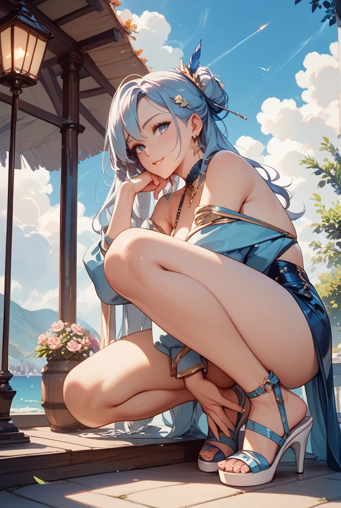 Gorgeous high heels,Under water,grabbing the breasts,Official fine art,tmasterpiece,Sharp focus,Long straight hair,Delicate and beautiful eyes and face,realisticlying,ultra - detailed,a beauty girl,blue-sky,Glowing white particles,(side-lighting:1.2),rays of sunshine,baiyun,Detailed clouds,Slender,Cute big breasts and big buttocks,Toothy laughter,((Laugh and open your eyes)),scenecy,Long straight hair, sexy facial expression, buliding, (Cityscape:1.7), Dynamic hair, Long straight hair, Delicate platinum-pink hair, glow blue eyes, (blue pleated shirt+white skirt), Long white socks, paleskin, hair adornments, epic landscapes,deep in the night,Masterpiece, Best quality,Bare shoulders, white thighhighs, Hair ribbon, Large breasts,