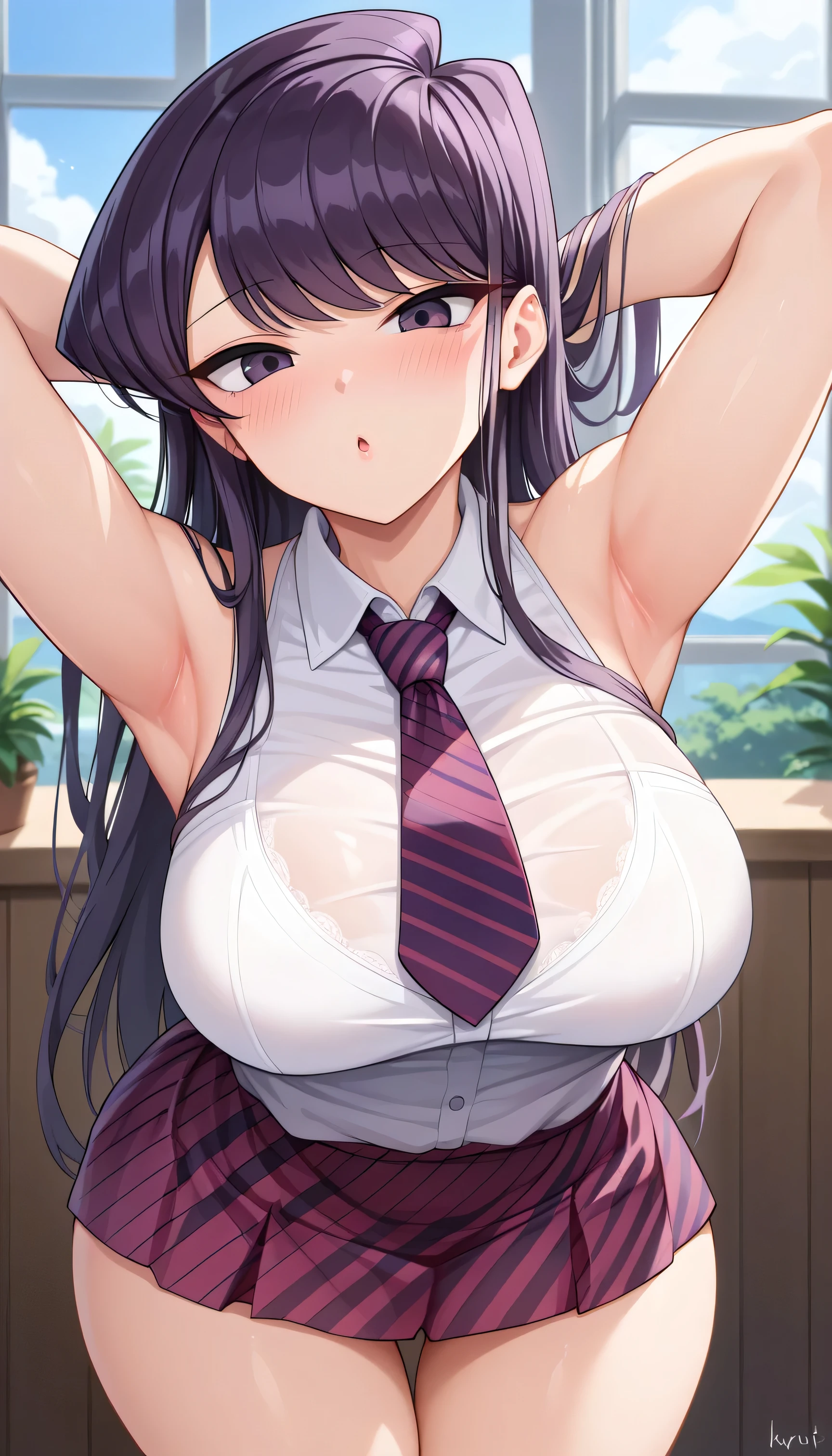 masterpiece, highest quality, Shiny_skin, Shiny_hair,
indoor, classroom,One girl, Hinano Tachibana, :d , 前hair, 黒いnail, black ribbon, Braiding, brown hair, clavicle, nail, hair ribbon, long hair, Long sleeve, View Viewer, multicolored hair, Manicure, pink hair, pink ribbon, ribbon, shirt, suspenders, two-tone hair, white shirt, (big tits:1.1),(round breast:1.2),(busty),((slender)), ((breath)),smirk,(nose blush),Embarrassing,(frustrated),Estrus,excited,(Troubled face),breath:1.1),sweat,(shirt lift:1.2),(show off bra),slender stomach,(color bra),(Hourglass-shaped body shape:1.1),Big Ass,((Very small waist)),((She has a skinny belly and very large breasts)),(athletic stomach)