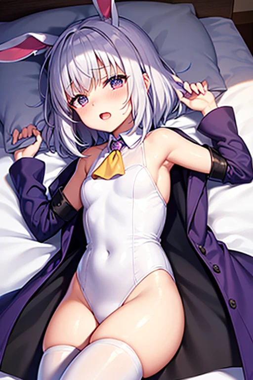 ((highest quality, 8K, masterpiece,high resolution、High resolution、Sharp focus、highest quality)),(1 girl, dark skin,white hair, yellow eyes, cat ears, little girl),medium breasts,slim body,put hands up,Shiny skin、Moisturized Skin、having convulsions, sweat,lying on the bed, missionary, bored,nipple, view from above,full body,