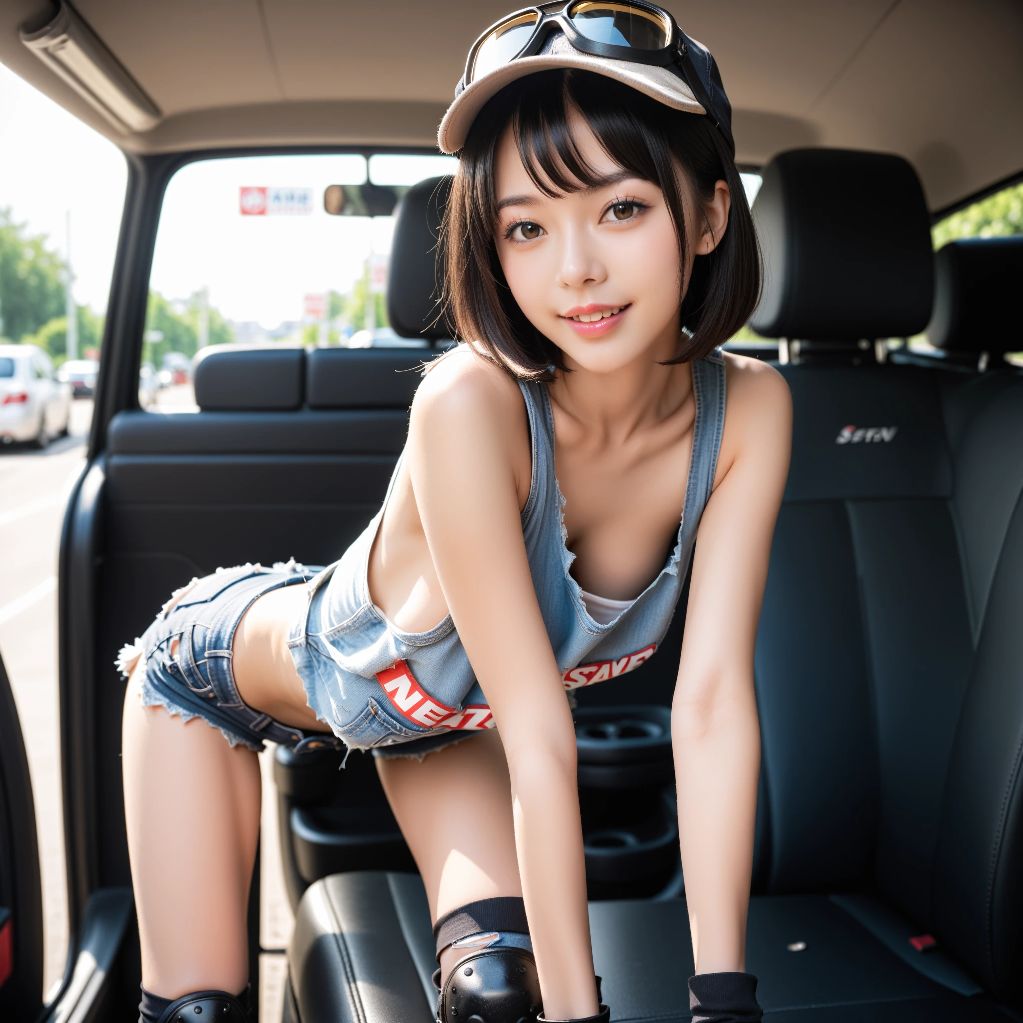 Cute and sexy woman in a super mini skirt。Angle from below。Sitting on the bonnet of a car