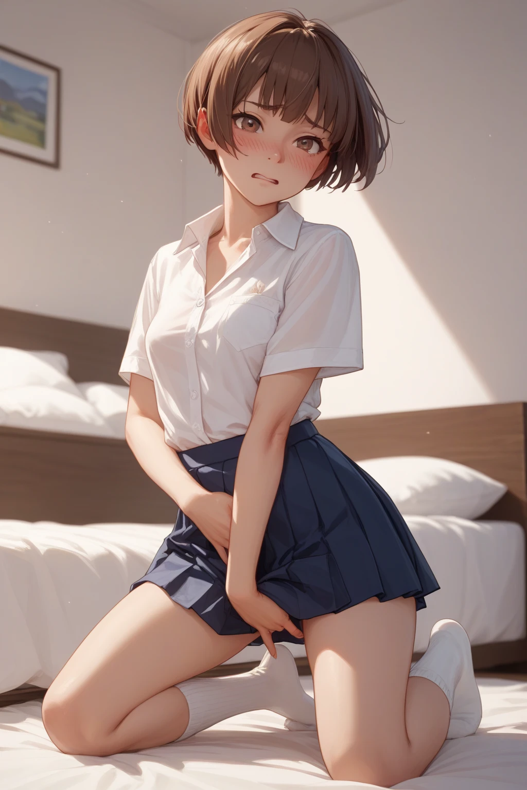 ((masterpiece)), ((Highest quality)),(Beautiful detailed anime FACE),Ultra-high resolution, Caustics, detailed,Perfect Anatomy,Browsing Caution,Cowboy Shot,Solo 20 year old beauty、Japanese、Black Hair,Short Bob Hair,Iris,Slender body,Ideal body proportions,Medium chest,Sunburn,Glowing Skin,Oily skin,Shiny skin,Put your arms behind your back,squat,Spread your legs:1.3,training、Painful expression、blush、Open your mouth,,(White tennis wear、Body Conscious、White tight polo shirt、White tight mini skirt、Perfect white panties,Sweat:1.3),Outdoor、Tennis court、