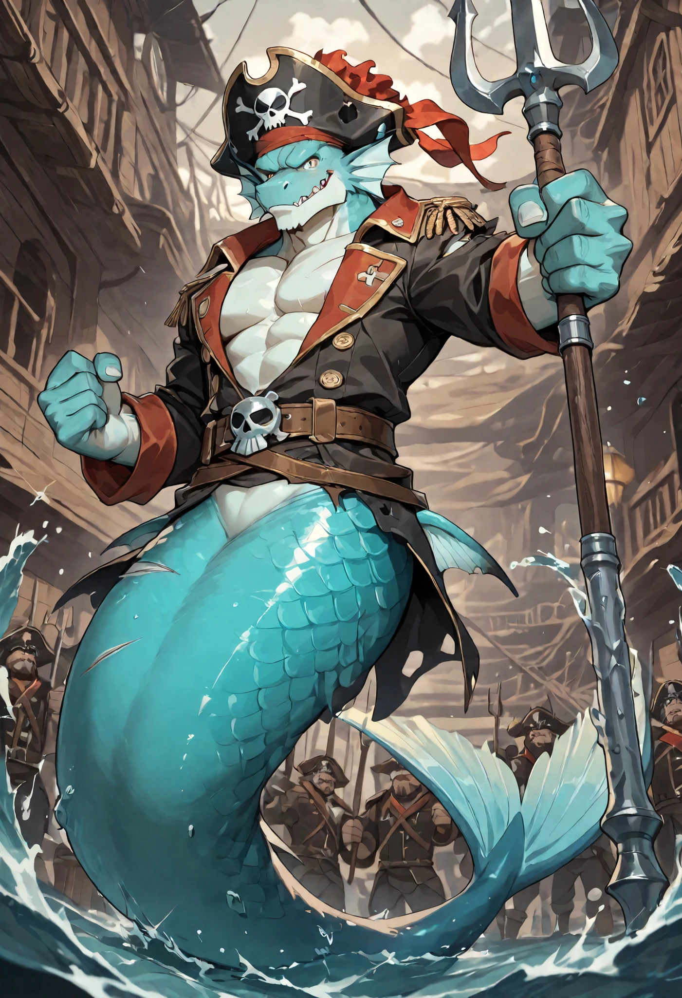Athlete body, commission for high res, anthropomorphic, there is a merman, (crew), adult man, furry, wearing pirate crew, crew, pensioner, holding trident, scales and fins on his body, fight stance, holding trident, (solo), (alone), (pirate crew), sidekick, full body, (merman), (damaged pirate crew uniform), looking at viewer, bare chest, bare head.