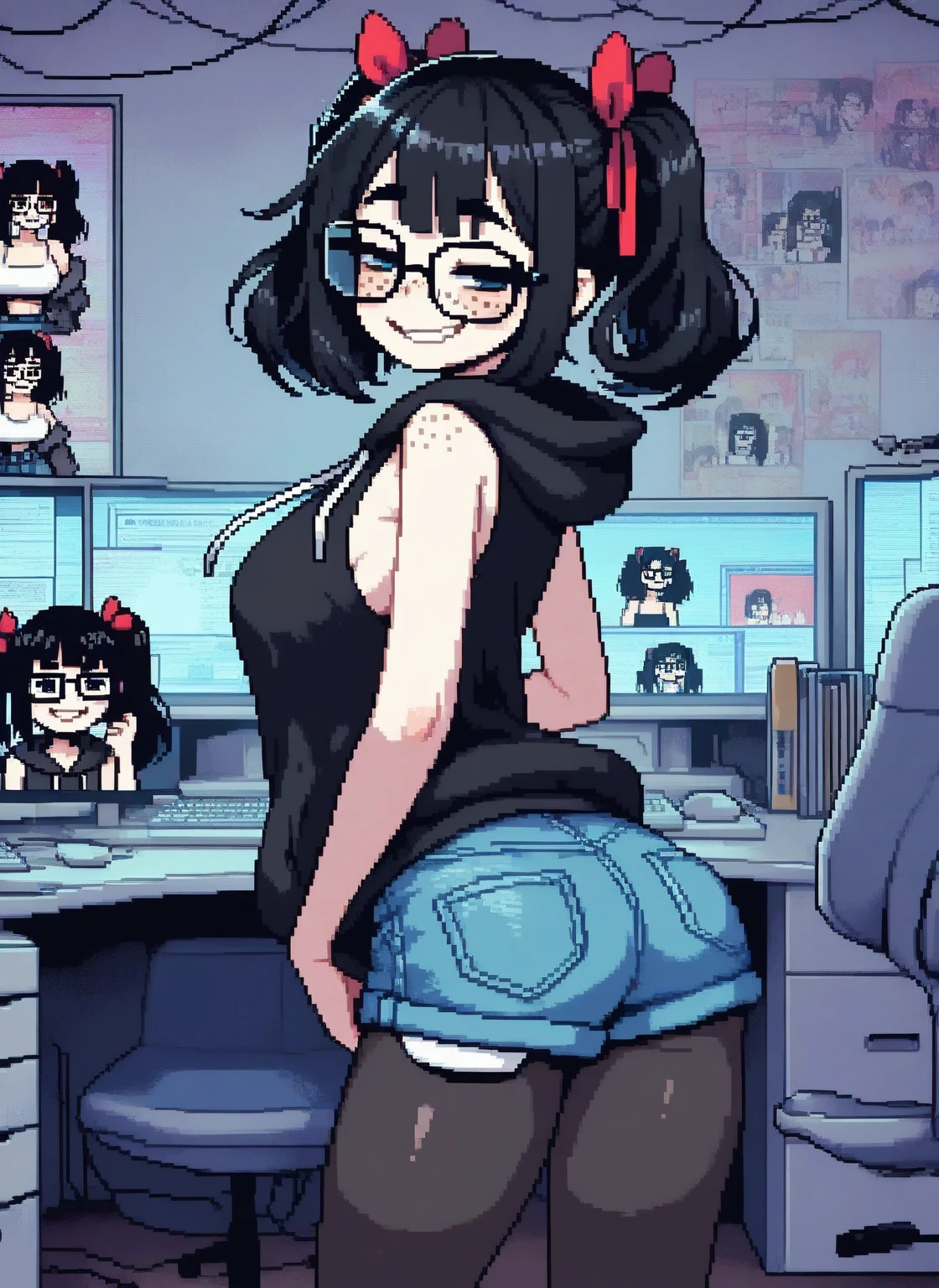 drooping eyes, eyes realistic sizing, (((pixel art, round face is drawn by pixel))), ((hanging her crotch on a corner of the table to hit for masturbation, open legs, hiding crotch with her skirt)), thin t-shirt, skirt, ((a woman is holding at her butt from behind by her hand, getting orgasm)), braid, (dim old storeroom), shoes,