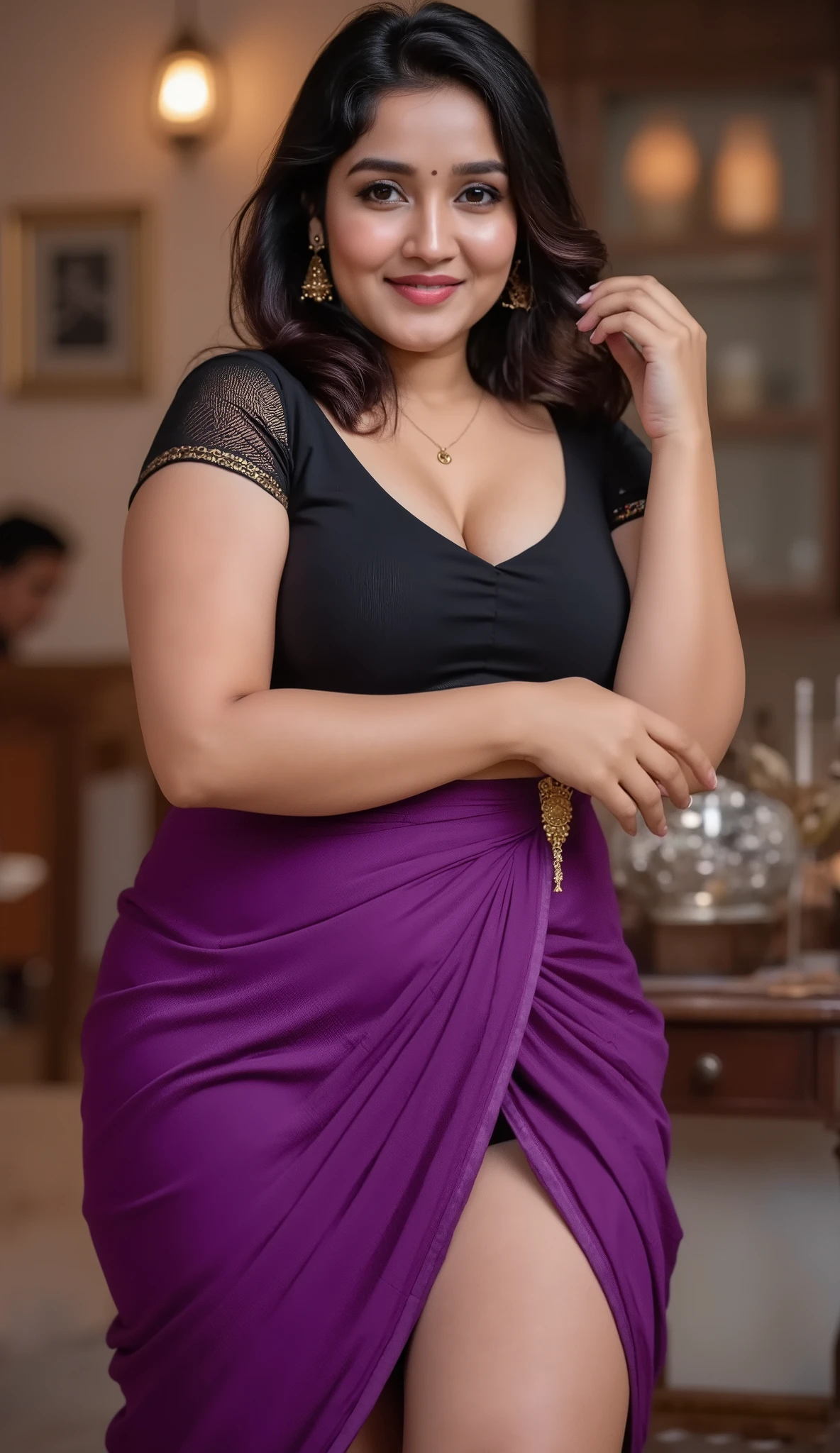 Full body show , front body show, looking to camera, In a homely setting, A naughty and curvaceous light fair skin tone 25-year-old woman in exposing attire, wearing purple elegant saree Anatomically Correct, legs, side view , show her navel and waist(front view).