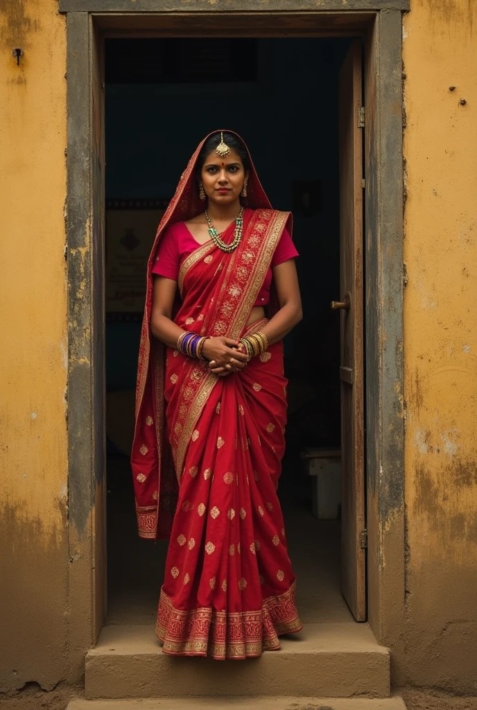 woman in red sari standing in front of a door, dressed in a sari, wearing sari, wearing a sari, wearing traditional garb, traditional dress, 17 years old woman, 17 years old girl, traditional clothes, around 1 9 years old, traditional clothing, dressed with long fluent clothes, vastayan, traditional costume, indian