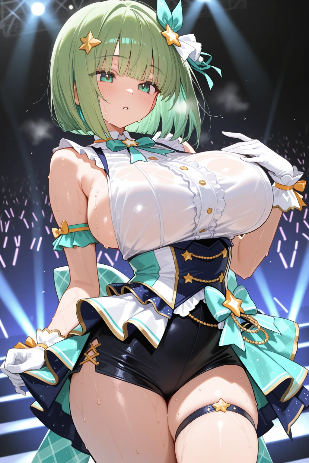 onoderachizuru, green hair, hairband, short hair, yellow eyes, brown eyes,, large breasts,, Live Stage, solo nsfw