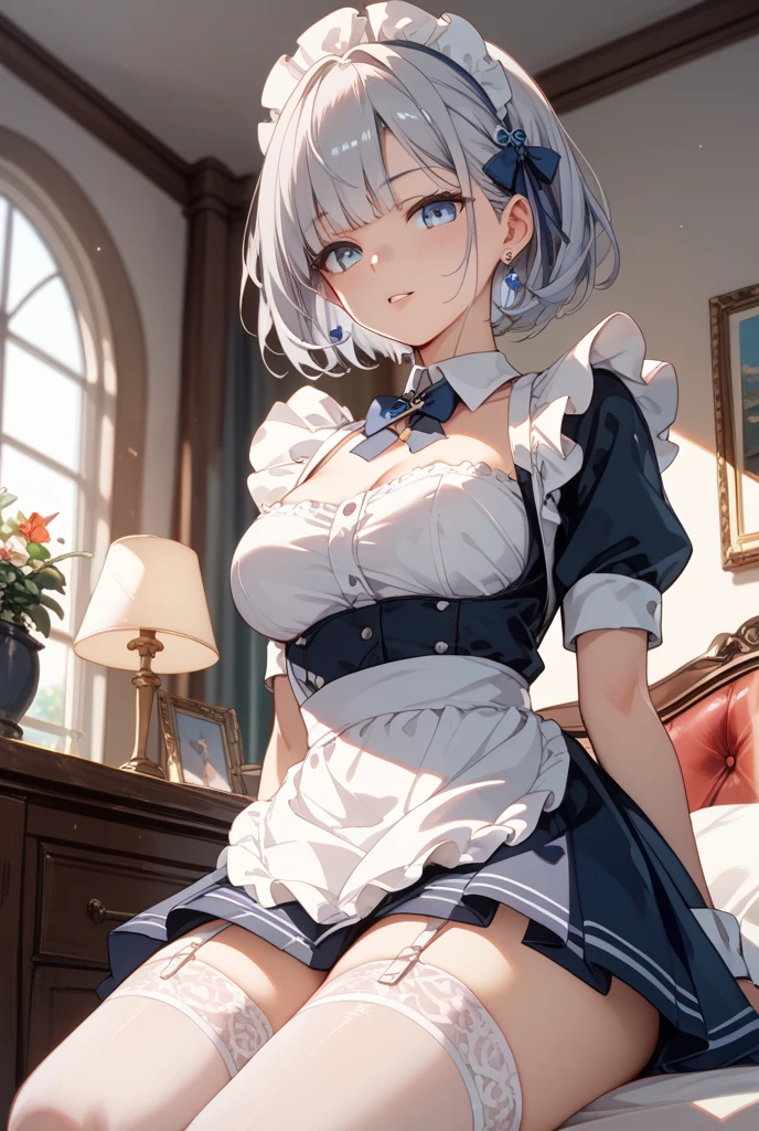 (masterpiece, best quality), 1girl, Iris Crown Braided Updo, Size F breasts, <lora:milkmaid_dress-v0.2:1> milkmaiddress
