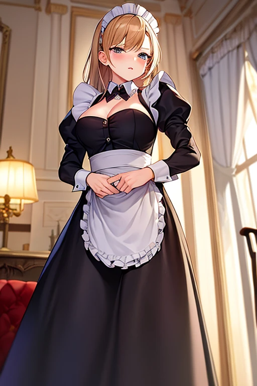 (​masterpiece、top-quality、hight resolution), Picture a scene in which the protagonist is entertained by a kind, receptive, and abundantly experienced maid of honor. The maid of honor has a natural warm smile on her face, which conveys her wealth of experience and security. She is dressed in traditional chambermaid's clothing, creating a sense of calm and security. In the background is a comfortable and elegantly decorated room, emphasizing the cozy and relaxed atmosphere. The maid of honor serves with grace and care, making the hero completely relaxed and cared for. The maid of honor's main focus is to ensure the comfort of the protagonist, which is evident in her every action and facial expression.
