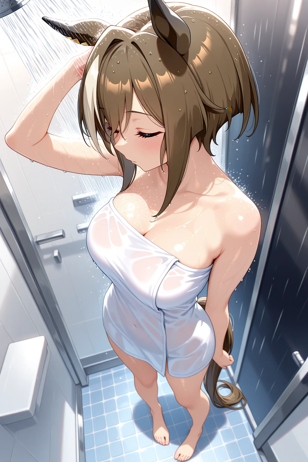 
nsfw,side view 1girl,(looking away:1.3), (fisheye distorted lens:1.2), naked towel, in bath dressing room,steam fog,sweat,wet,armpits,(ass:1.3), back shot,(leaning forward:1.1)